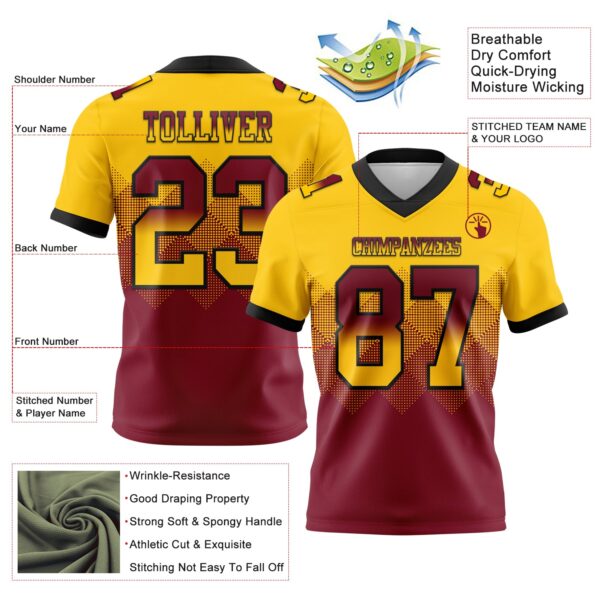 Custom Yellow Crimson-Black Authentic Gradient Square Shape Flag Football Jersey