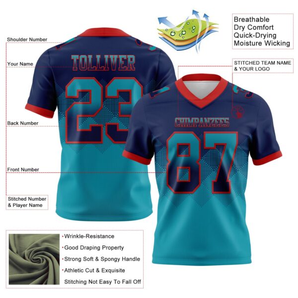 Custom Navy Teal-Red Authentic Gradient Square Shape Flag Football Jersey