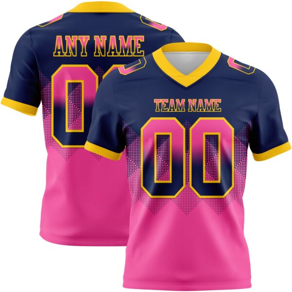 Custom Navy Pink-Yellow Authentic Gradient Square Shape Flag Football Jersey