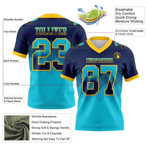Custom Navy Lakes Blue-Yellow Authentic Gradient Square Shape Flag Football Jersey