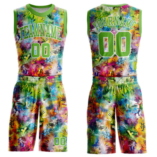 GraffitiP0142 Custom Graffiti Pattern Neon Green-White Round Neck Sublimation Basketball Suit Jersey