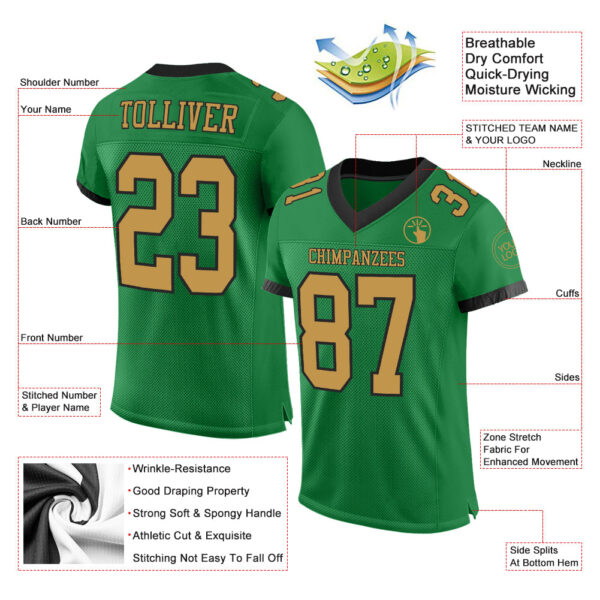 GrassGreen0009-1 Custom Grass Green Old Gold-Black Mesh Authentic Football Jersey