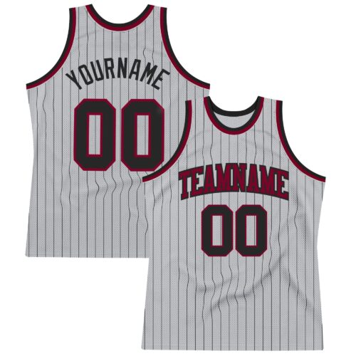 Gray0434 Custom Gray Black Pinstripe Black-Maroon Authentic Basketball Jersey