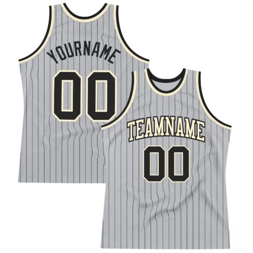 Gray0436 Custom Gray Black Pinstripe Black-Cream Authentic Basketball Jersey