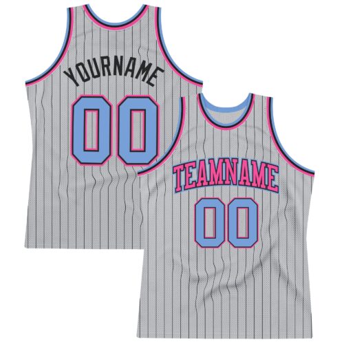 Gray0439 Custom Gray Black Pinstripe Light Blue-Pink Authentic Basketball Jersey