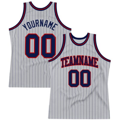 Gray0451 Custom Gray Navy Pinstripe Navy-Red Authentic Basketball Jersey