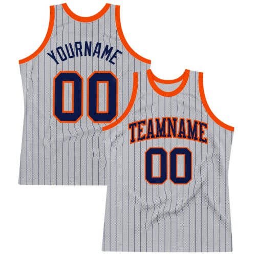 Gray0452_3a7a27d7-4a66-4c41-a265-47f082a4dc6d Custom Gray Navy Pinstripe Navy-Orange Authentic Basketball Jersey