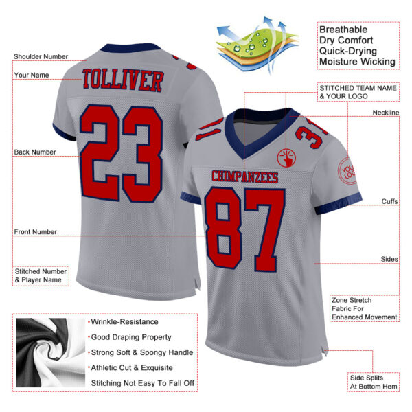 Gray0544-1 Custom Gray Red-Navy Mesh Authentic Football Jersey