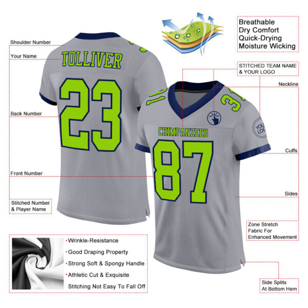 Gray0547-1 Custom Gray Neon Green-Navy Mesh Authentic Football Jersey