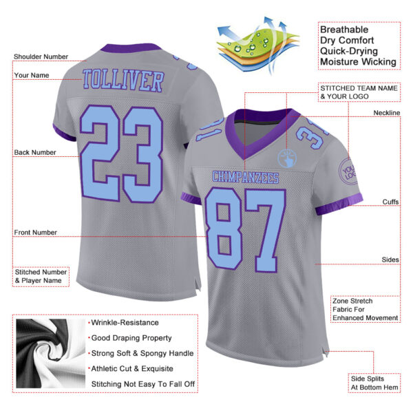 Gray0554-1 Custom Gray Light Blue-Purple Mesh Authentic Football Jersey