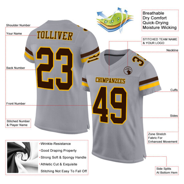 Gray0573-1 Custom Gray Brown-Gold Mesh Authentic Football Jersey