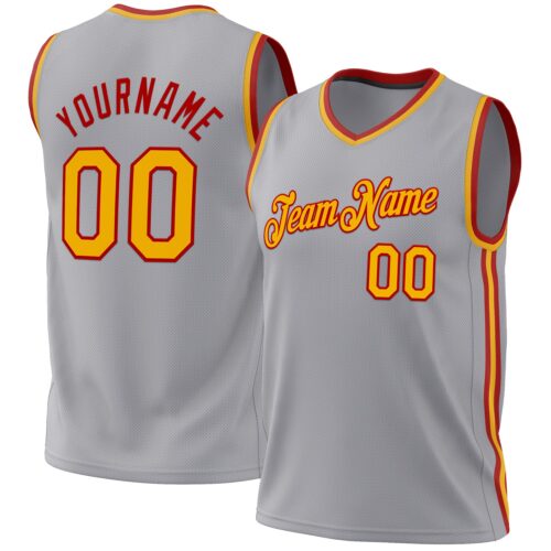 Gray0749 Custom Gray Gold-Red Authentic Throwback Basketball Jersey