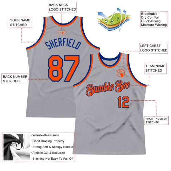 Custom Gray Orange-Royal Authentic Throwback Basketball Jersey