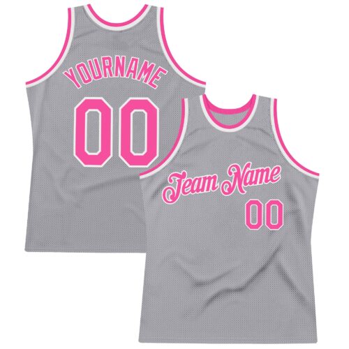 Custom Gray Pink-White Authentic Throwback Basketball Jersey