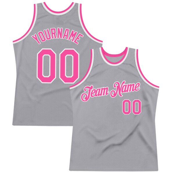 Custom Gray Pink-White Authentic Throwback Basketball Jersey