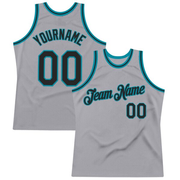 Custom Gray Black-Teal Authentic Throwback Basketball Jersey