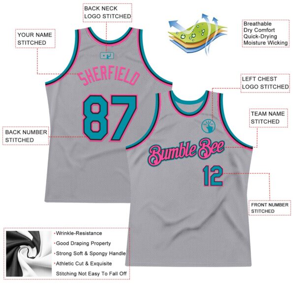 Custom Gray Teal Black-Pink Authentic Throwback Basketball Jersey