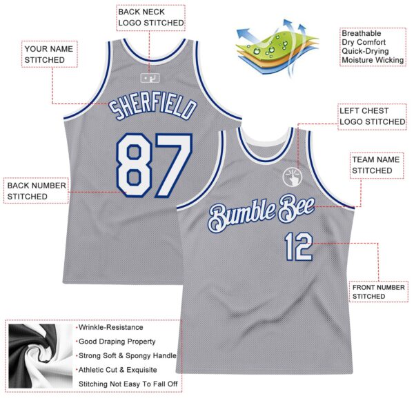 Custom Gray White-Royal Authentic Throwback Basketball Jersey