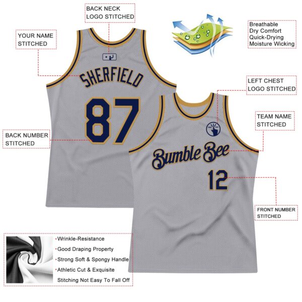 Custom Gray Navy-Old Gold Authentic Throwback Basketball Jersey