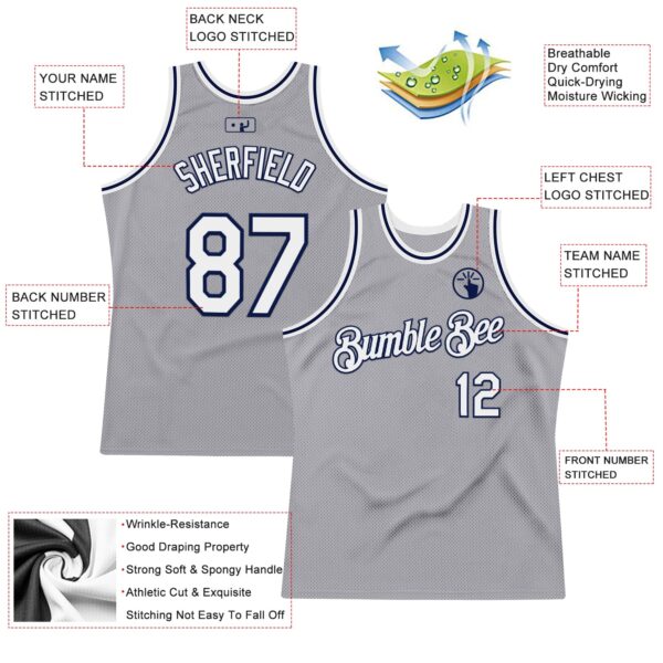 Custom Gray White-Navy Authentic Throwback Basketball Jersey