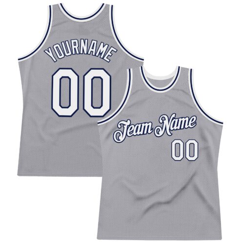 Custom Gray White-Navy Authentic Throwback Basketball Jersey