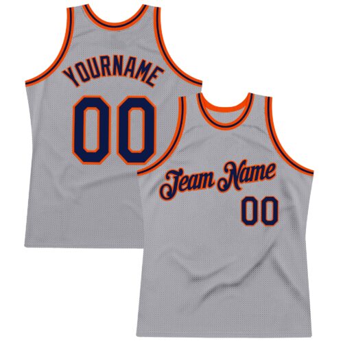 Custom Gray Navy-Orange Authentic Throwback Basketball Jersey
