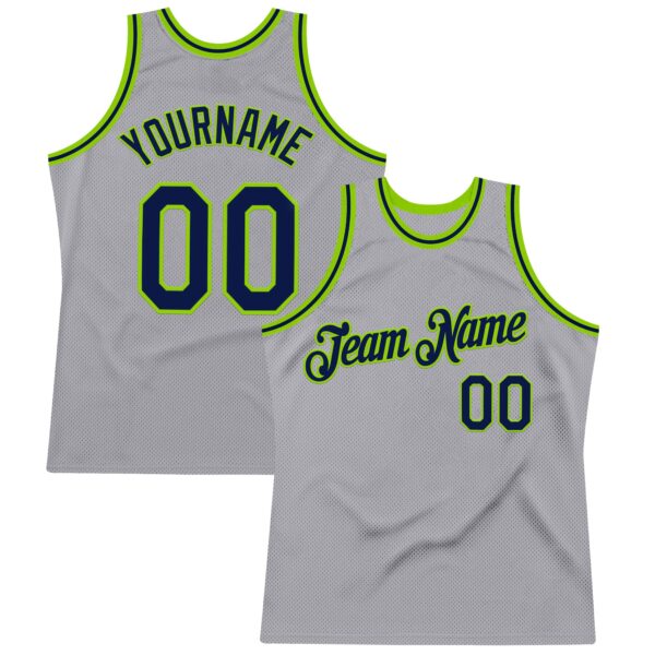 Custom Gray Navy-Neon Green Authentic Throwback Basketball Jersey