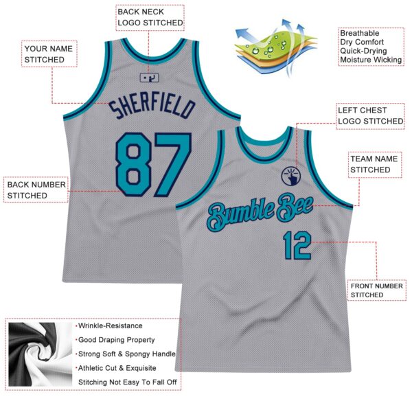 Custom Gray Teal-Navy Authentic Throwback Basketball Jersey