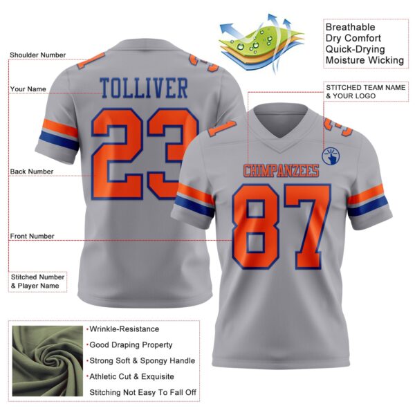Custom Gray Orange-Royal Authentic Football Jersey