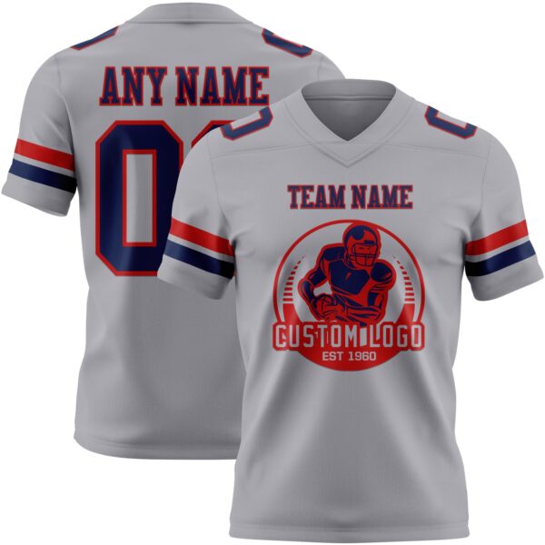 Custom Gray Navy-Red Authentic Football Jersey