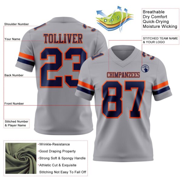 Custom Gray Navy-Orange Authentic Football Jersey