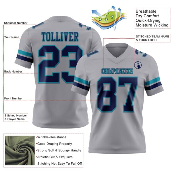 Custom Gray Navy-Teal Authentic Football Jersey