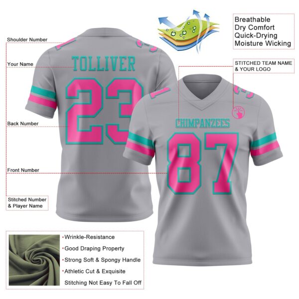 Custom Gray Pink-Aqua Authentic Football Jersey