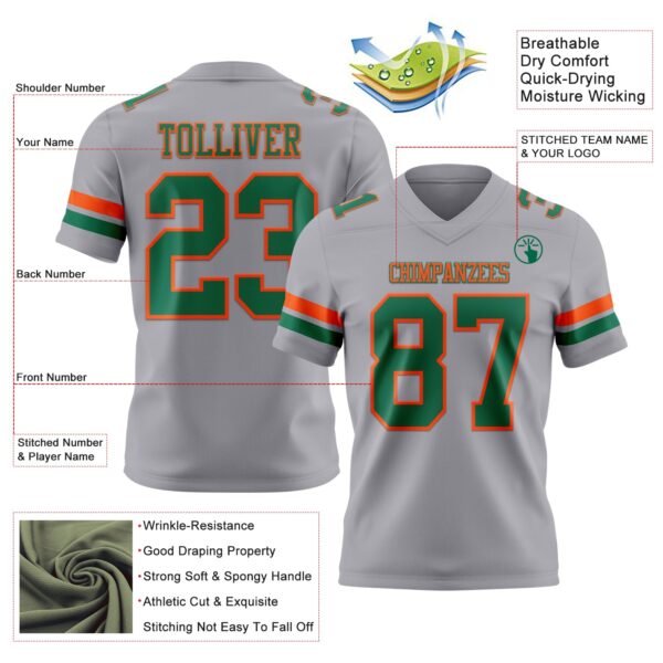 Custom Gray Kelly Green-Orange Authentic Football Jersey