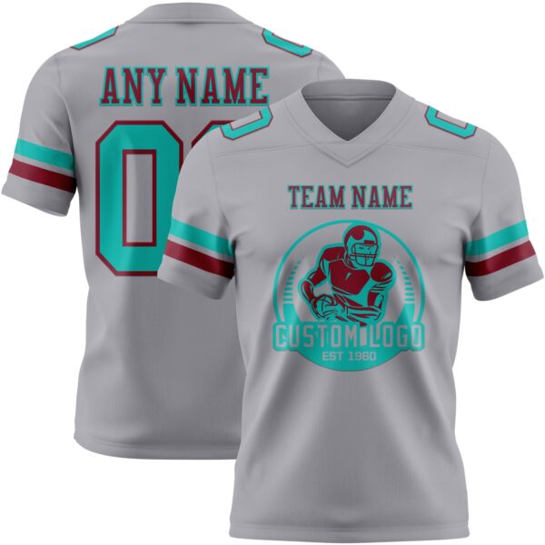 Custom Gray Aqua-Crimson Authentic Football Jersey