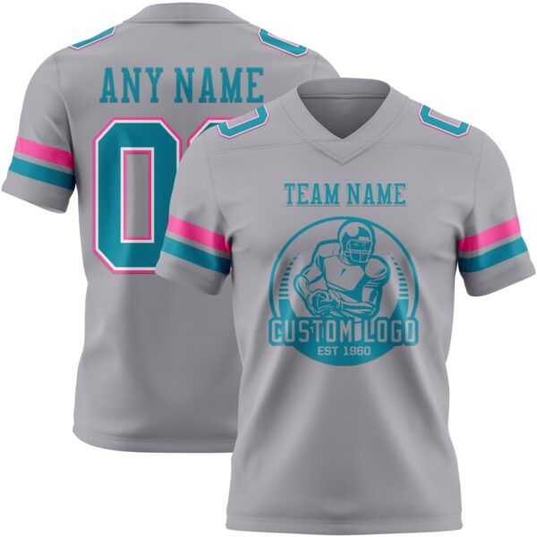 Custom Gray Teal White-Pink Authentic Football Jersey