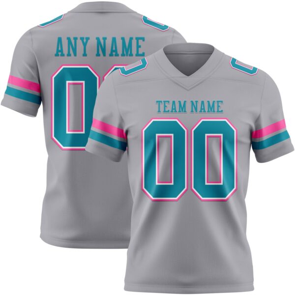 Custom Gray Teal White-Pink Authentic Football Jersey