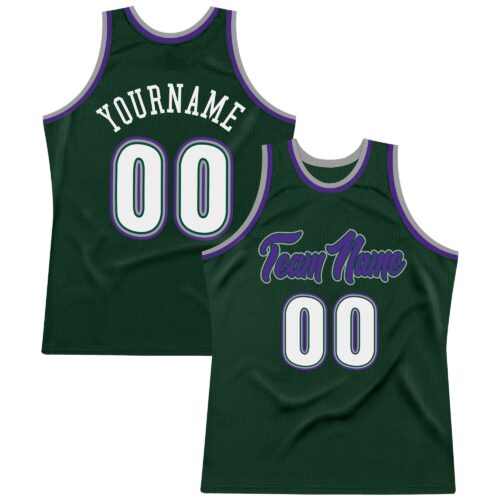 HunterGreen0016 Custom Hunter Green White-Purple Authentic Throwback Basketball Jersey