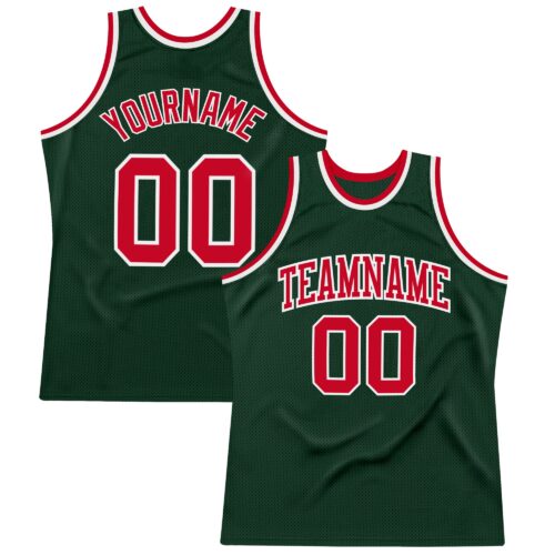 HunterGreen0045 Custom Hunter Green Red-White Authentic Throwback Basketball Jersey