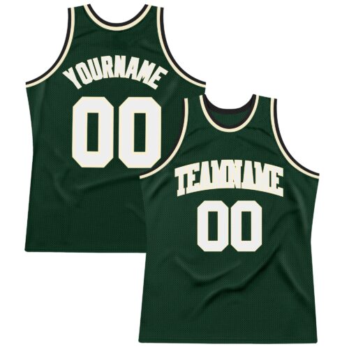 HunterGreen0064 Custom Hunter Green White Cream-Black Authentic Throwback Basketball Jersey