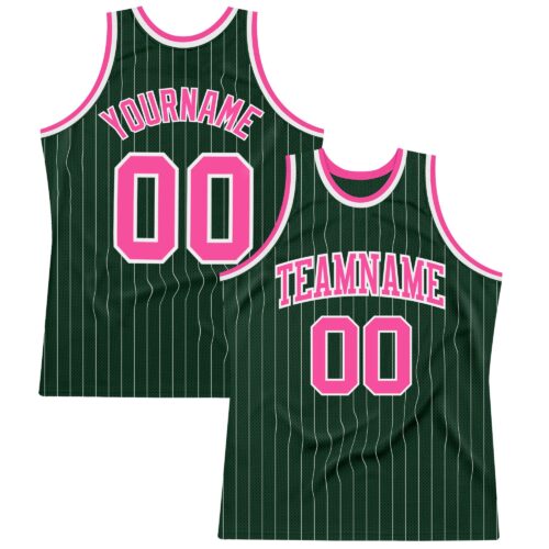 HunterGreen0070 Custom Hunter Green White Pinstripe Pink Authentic Basketball Jersey