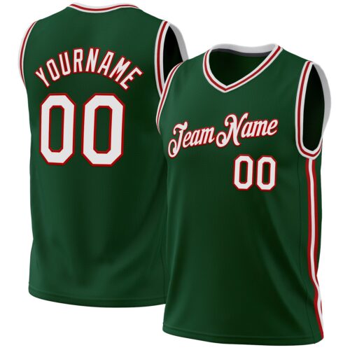 HunterGreen0100 Custom Hunter Green White-Red Authentic Throwback Basketball Jersey