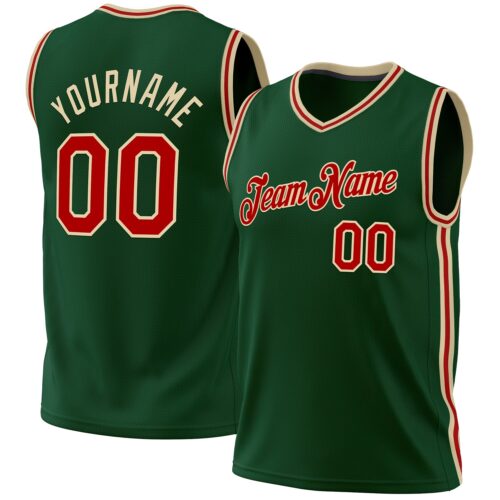 HunterGreen0103 Custom Hunter Green Red-Cream Authentic Throwback Basketball Jersey