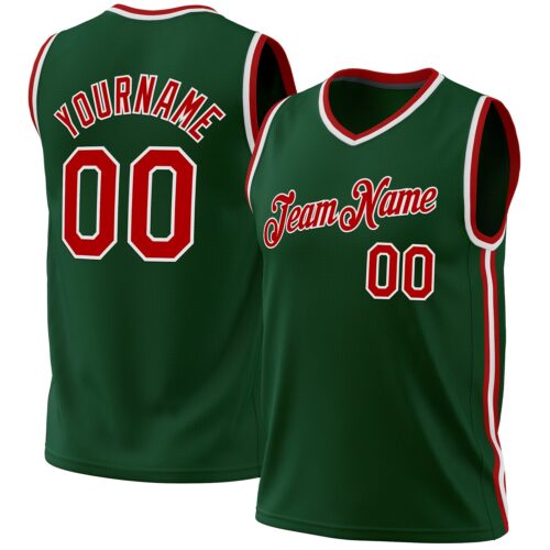 HunterGreen0111 Custom Hunter Green Red-White Authentic Throwback Basketball Jersey