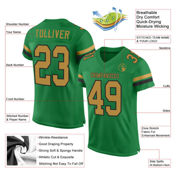 KellyGreen0133-1 Custom Grass Green Old Gold-Black Mesh Authentic Football Jersey