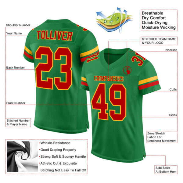 KellyGreen0139-1_f9a32383-3caa-4635-89f2-4ffeebc0a496 Custom Grass Green Red-Gold Mesh Authentic Football Jersey