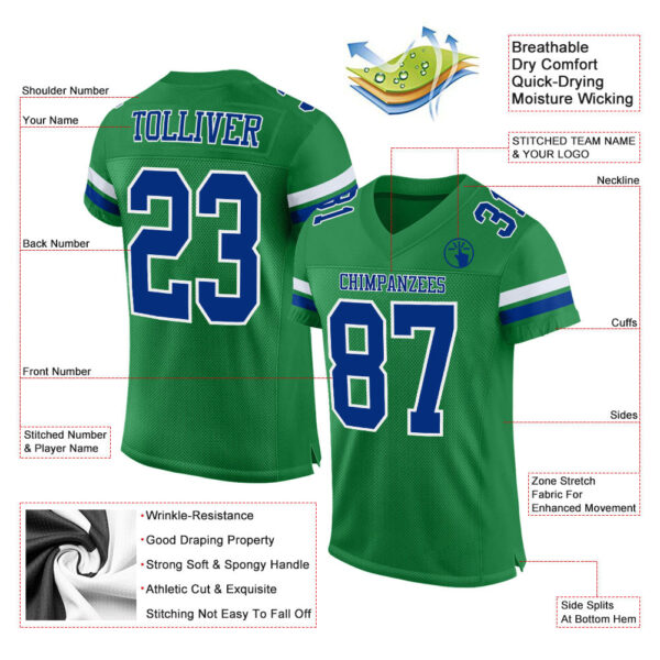 KellyGreen0140-1 Custom Grass Green Royal-White Mesh Authentic Football Jersey
