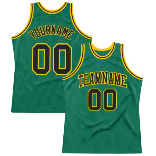 KellyGreen0257 Custom Kelly Green Black-Gold Authentic Throwback Basketball Jersey