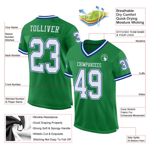 KellyGreen0261-1 Custom Grass Green White-Royal Mesh Authentic Throwback Football Jersey