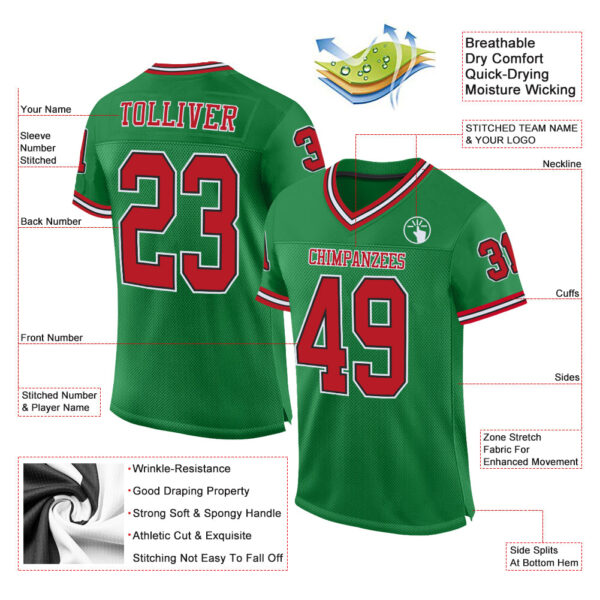 KellyGreen0264-1 Custom Grass Green Red-Black Mesh Authentic Throwback Football Jersey